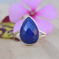 Boho Lapis Lazuli Ring, Teardrop Stone Ring, Blue Gemstone Ring, Silver Birthstone Ring, Unique Jewelry, Handmade Gift