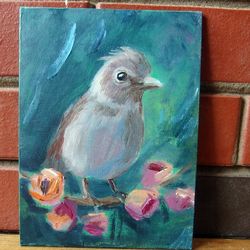 Small nice bird on a blooming peach tree branch original oil painting on canvas 6x8