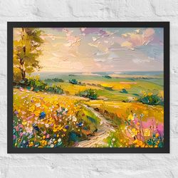Spring Print, Flower Field Landscape Printable Art, Flower Meadow Oil Painting, Optimistic Painting decor, Summer z