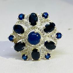 Supreme Quality Natural Star Sapphire And Sapphire Ring With Natural Zircon In 925 Sterling Silver