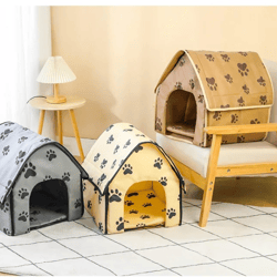 Portable Pet Villa - Foldable Cat and Dog House with Footprint Pattern, Indoor Bed Tent for Small to Medium-sized Pets.