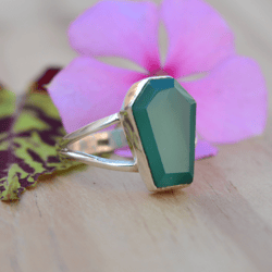 Green Onyx Coffin Ring, Sterling Silver Ring, Gemstone Coffin Women Ring, Green Stone Silver Ring, Halloween Coffin Ring