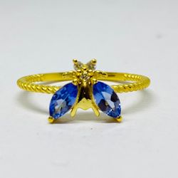 Natural Tanzanite And Diamond Stone Butterfly Shape Gold Ring In 14k Hallmarked Gold