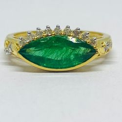 Evil Eye Theme Based Natural Emerald And Diamond Ring In 14KHallmarked Gold