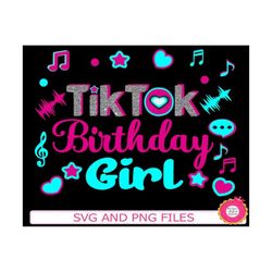 tiktoker girl svg and birthday squad svg, 2x1 images .svg and .png of tik tok girl birthday images with words,musical notes and crown, svg