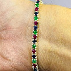 Natural Ruby,Sapphire And Emerald StoneTennis Bracelet In White Gold