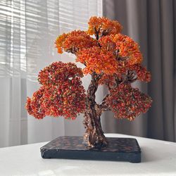Handmade Beaded Fall Bonsai Tree Sculpture - Unique Indoor/Outdoor Decor Piece in Bright Orange