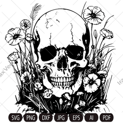 Skull svg file, Skull in the grass svg, Skull cut file, Skull in the field , Day of death , skull png , halloween