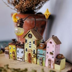 IN STOCK Tiny street, miniature houses, driftwood art, little wooden house, set of 7 little houses,home decor, eco gift