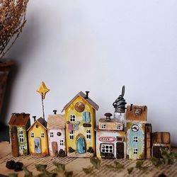 IN STOCK Tiny street, miniature houses, driftwood art, little wooden house, set of 7 little houses