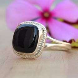 Black Onyx Ring Sterling Silver, Gemstone Ring Women, Stone Ring Black, Crystal Ring Handmade Jewelry, Onyx Square Ring
