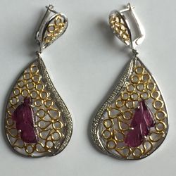 Natural Clean Pink Tourmaline Rare Shape Stone Earring With Diamond And Filligree Work