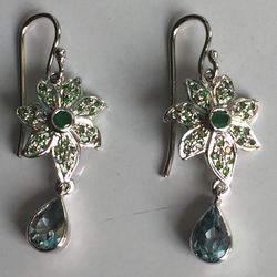 Natural Saborite ,Emerald and Aquamarine Hoop Earring In 925 Sterling Silver