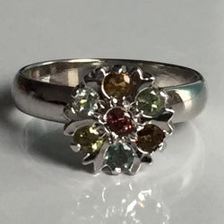 Natural Multi Color Tourmaline Cluster Pattern Ring In 925 Sterling Hallmarked Silver