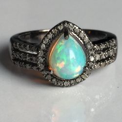 Natural Fire Opal And Diamond Vintage Look Ring ,Antique Ring,Oxidies Jewelry