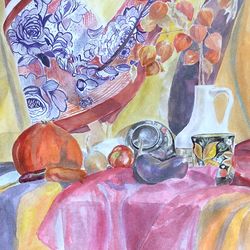 Original Watercolor painting still life with harvest vegetables wall art 11.6 x 16.4'' inches