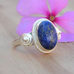 Lapis Lazuli Ring, Blue Gemstone Ring, Oval Stone Ring, Birthstone Sterling Silver Ring Unique Women Jewelry, Handmade
