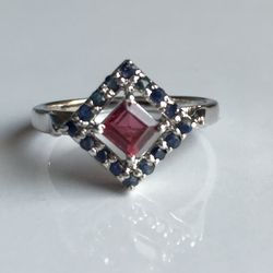 AAA Qualily Natural Ruby And Sapphire Cluster Pattern Ring In 925 Sterling Silver
