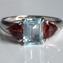 AAA Qualily Natural Red Garnet And Aquamarine Octagen Shape Stone Ring In 925 Sterling Solid Silver