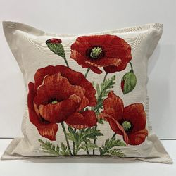 Poppy Cushion Cover 40x40 cm, Floral Cushion Cover, Handmade Pillow Cover, Poppies Cushion Cover, Ladybug Cushion Cover