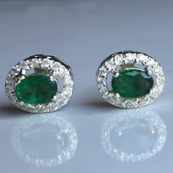 Natural Emerald Stud In 925 Strling Silver, Handmade Jewelry,Anniversary Gift