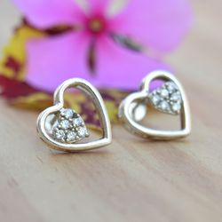 Cubic Zirconia Heart Stud Earrings Sterling Silver, Minimalist Earrings CZ Stud Silver, Heart Post Earrings Handmade