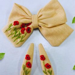Hand Embroidered Flower Rose Hair Bow