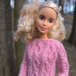 Fashion Doll Clothes for 11" doll 30cm Barbie, Poppy Parker, Integrity: Powder Pink Sweater with Braids & Bobble Accents