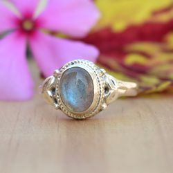 Labradorite Ring, Gemstone Sterling Silver Ring, Labradorite Blue Crystal Ring Oval Stone Silver Ring Women Gift For Her