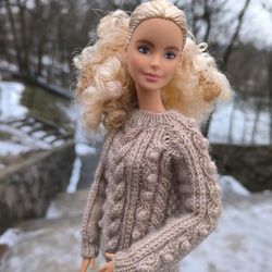 fashion doll clothes for 11" doll 30cm barbie, poppy parker, integrity: beige sweater with pinecones