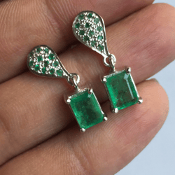 Natural Octagen Shape Natural Emerald Earring In 925 Sterling Silver