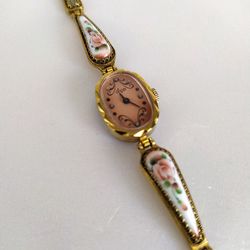 Vintage enamel ladies watch Luch, 15 Jewels Mechanical women watch, Wind up watch RAY, Cocktail finift watch