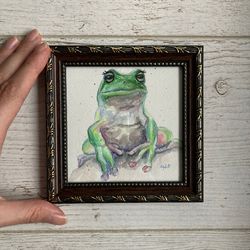 Framed Frog Painting Original Watercolor Painting, Small Framed Decor, Frog Art, Tree Frog Painting