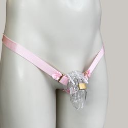 Chastity Cage Anti-falling Universal Thong, Pink Bow Feminine Three Strap Adjustable Elastic Belt(Cage Not Included)