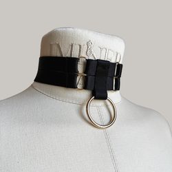 Selene Elastic Strappy Ring Collar Black, Mistress Choker Bondage Collar Adjustable Collar BDSM Accessories