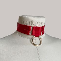 Selene Elastic Strappy Ring Collar Red, Mistress Choker Bondage Collar Adjustable Collar BDSM Accessories