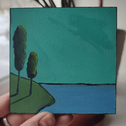 Oil painting "By the lake". Mini picture. Painting on fiberboard. Scenery.