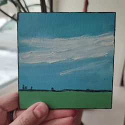 Oil Painting "Cloudy". Landscape painting. Miniature painting. Fiberboard.