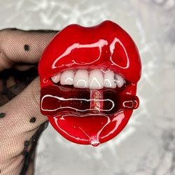 Polymer clay lips brooch Cola