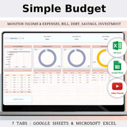 Budget Planner Excel & Google Sheets, Simple Spreadsheet Template