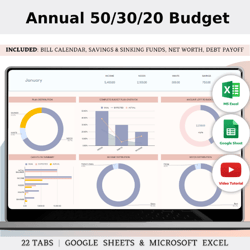 50/30/20 Annual Budget Spreadsheet Template For Excel And Google Sheets, Yearly Budget Planner