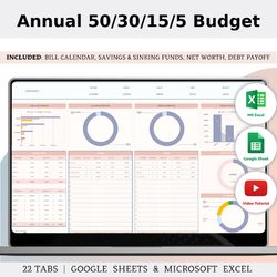 50/30/15/5 Annual Budget Spreadsheet Template For Excel And Google Sheets