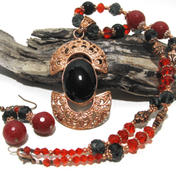 Handmade black onyx, agate, jade, crystal, copper necklace and earrings set/Medieval style jewelry set/red black set