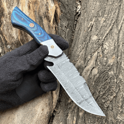 Custom Handmade Damascus Steel Hunting Skinner Knife 11 Inches Long With Leather Sheath.
