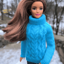 Fashion Doll Clothes for 11" Dolls (30cm) - Barbie, Poppy Parker, Integrity: Turquoise Knit Winter Sweater with Braids