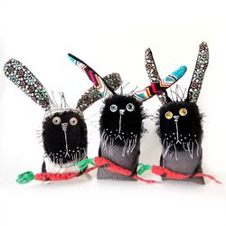 Handmade Quirky and Unique Fabric Art Doll Bunnies: One-of-a-Kind Fun Delightful Interior Decor Toys with a Spooky Twist