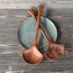 Unique handmade walnut wood salad and pasta mixing set Handcrafted wooden utensils