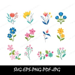 cute flower svg bundle, gardening flower icon svg, flat flowers,clipart vector,svg,png,pdf,stencil,cut file for