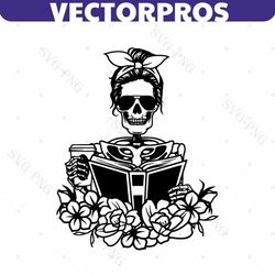 skeleton holding book svg | skeleton reading book svg | book lover svg | messy bun hair | caffeinated svg | dead inside