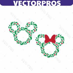 christmas holiday wreath mickey minnie mouse ears | 2 color | svg clipart images digital download sublimation cricut cut